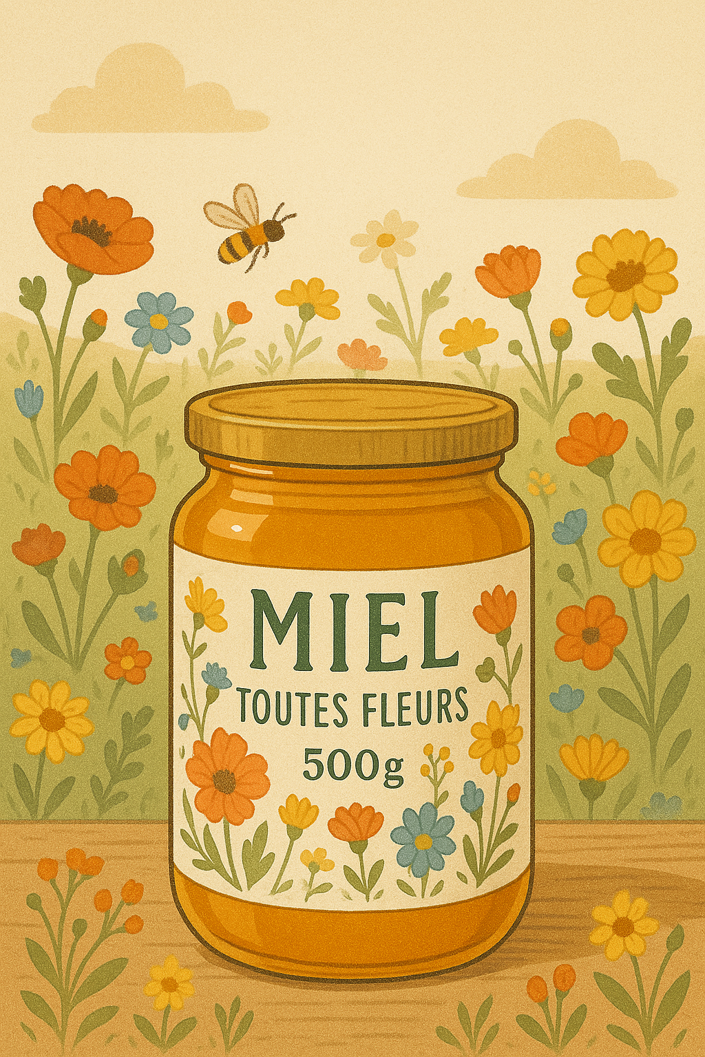 Illustration d’un pot de miel toutes fleurs 500&nbsp;g entouré de fleurs colorées dans un pré.