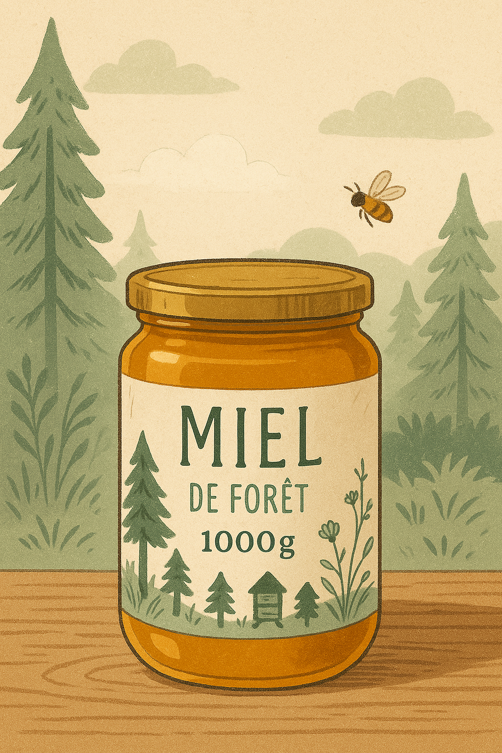 Illustration d’un pot de miel de forêt 1&nbsp;kg devant un paysage de sapins et de ruches.